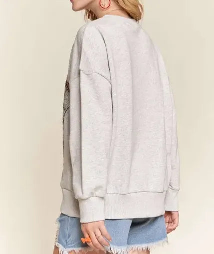 FINAL SALE - Rhinestone Cowboy Boot Light Grey Sweatshirt