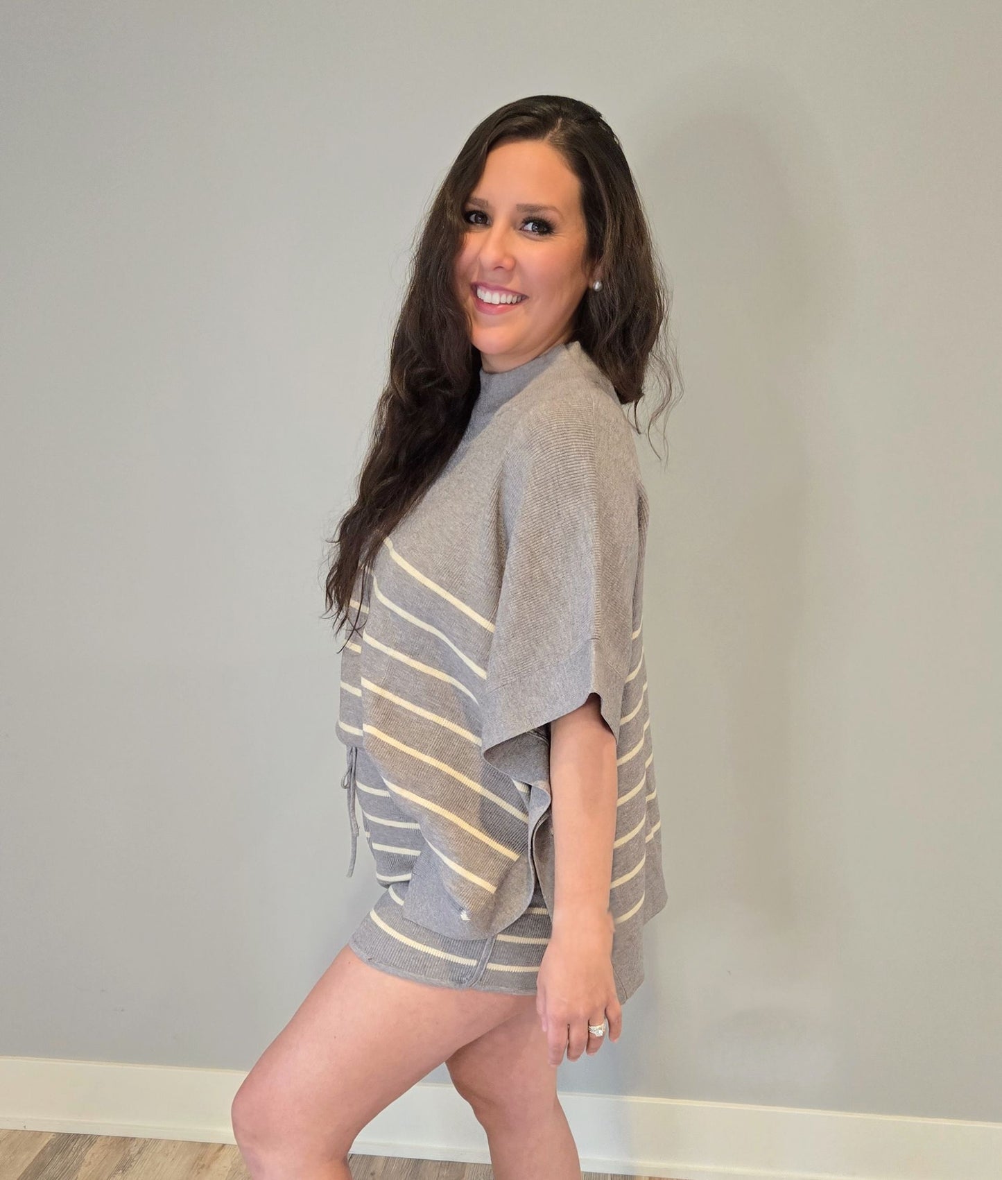 FINAL SALE - 2 Piece Knit Set Grey Stripe Poncho Sweater Top and Drawstring Shorts