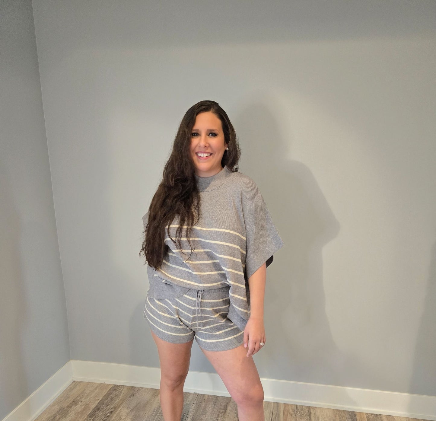 FINAL SALE - 2 Piece Knit Set Grey Stripe Poncho Sweater Top and Drawstring Shorts
