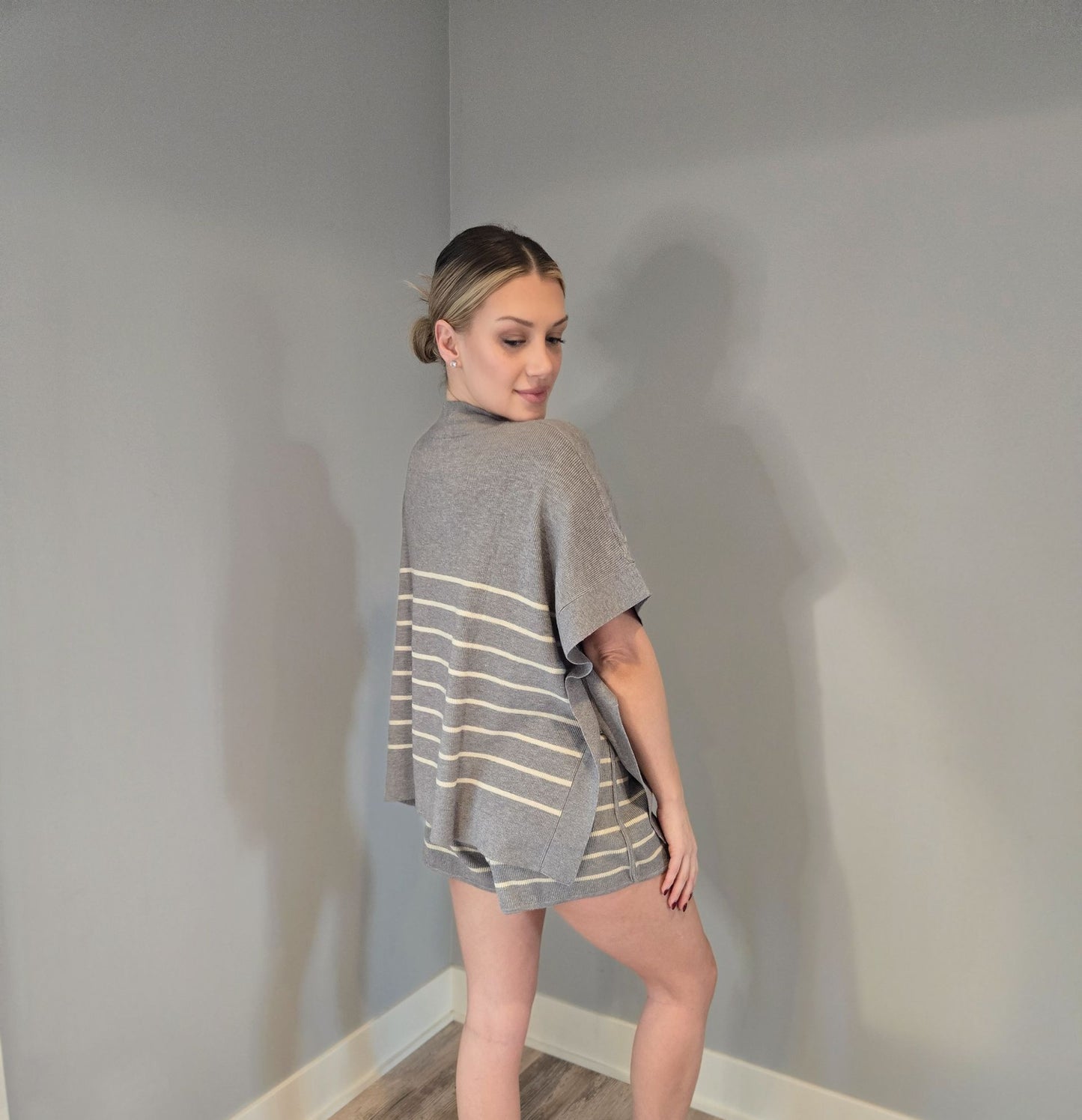 FINAL SALE - 2 Piece Knit Set Grey Stripe Poncho Sweater Top and Drawstring Shorts
