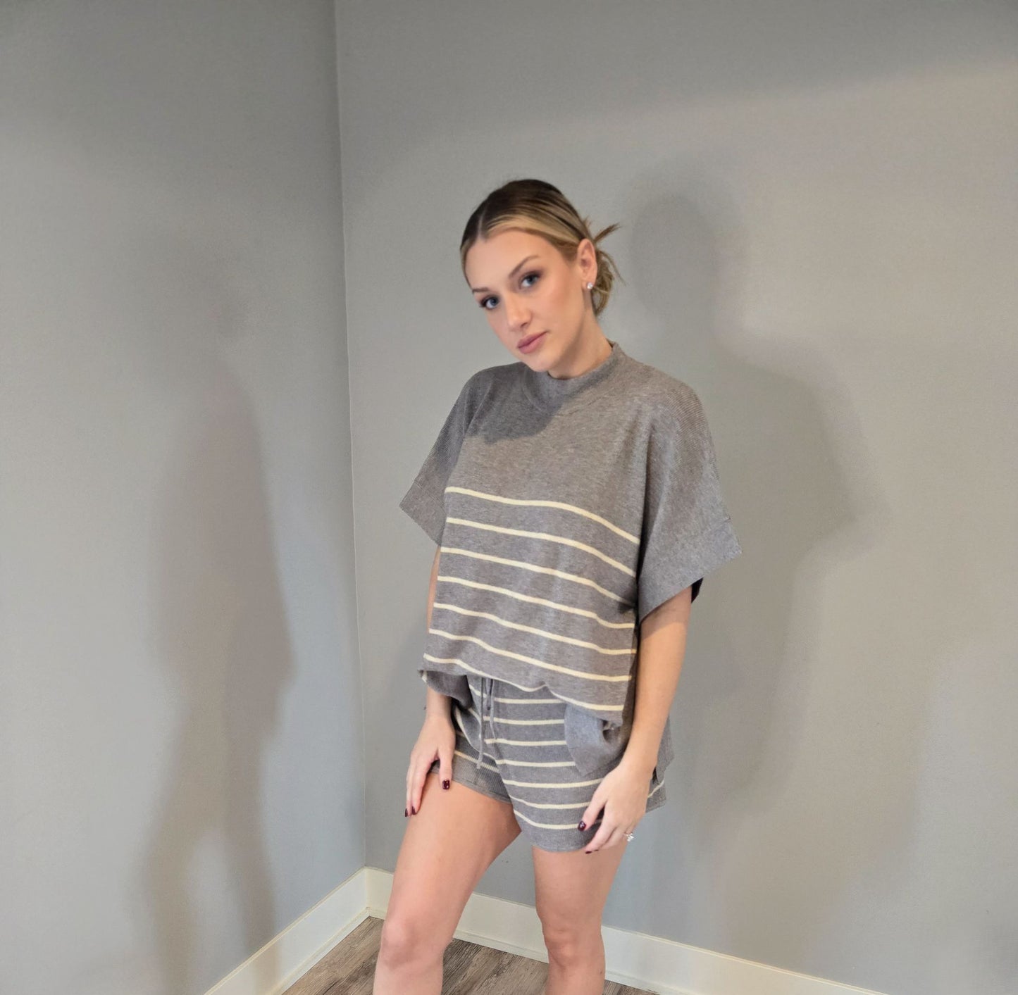 FINAL SALE - 2 Piece Knit Set Grey Stripe Poncho Sweater Top and Drawstring Shorts