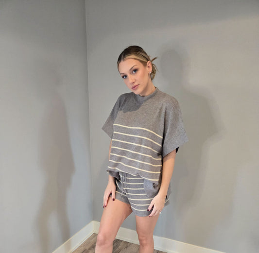 FINAL SALE - 2 Piece Knit Set Grey Stripe Poncho Sweater Top and Drawstring Shorts