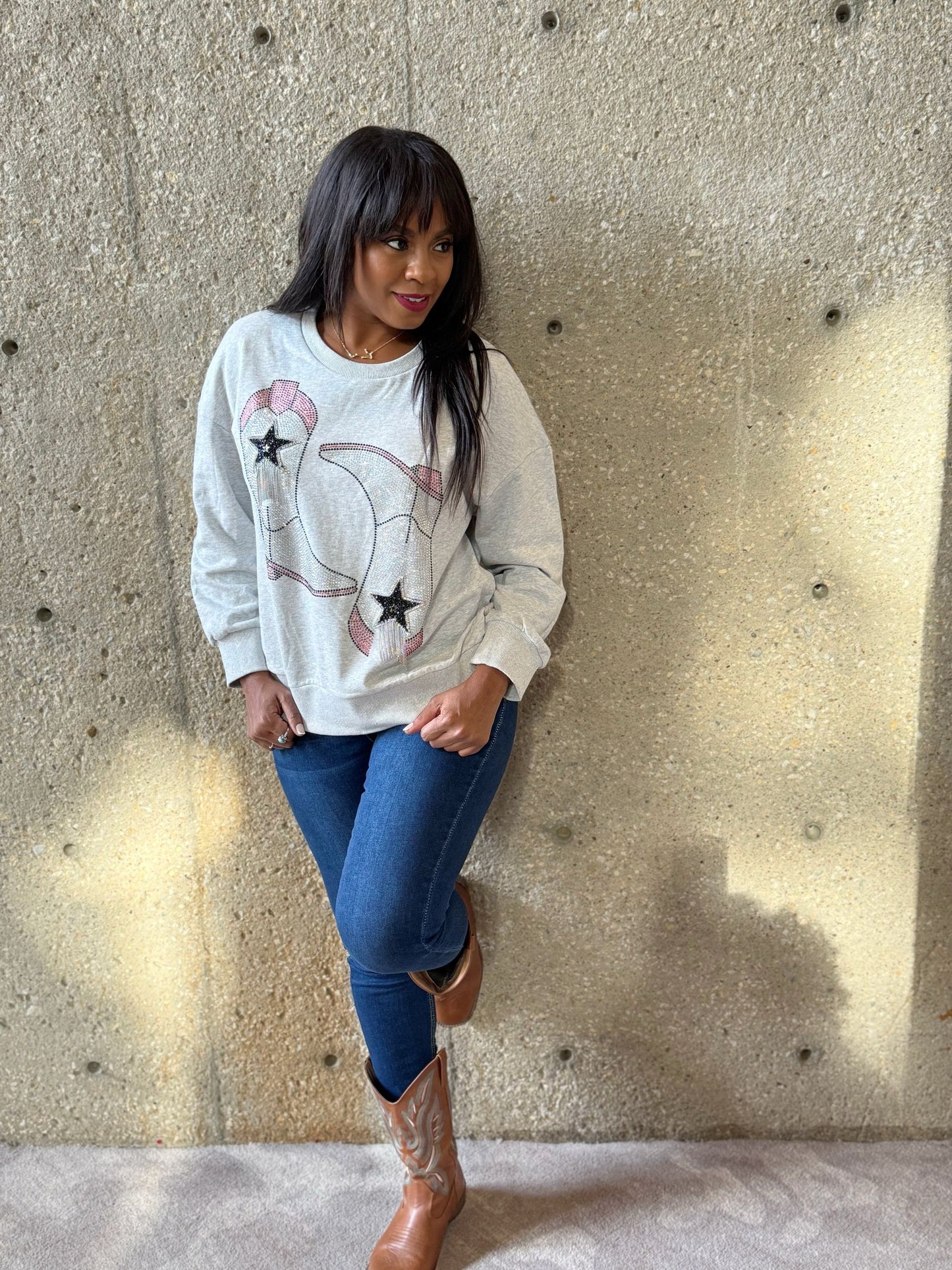 FINAL SALE - Rhinestone Cowboy Boot Light Grey Sweatshirt