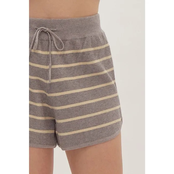 FINAL SALE - 2 Piece Knit Set Grey Stripe Poncho Sweater Top and Drawstring Shorts